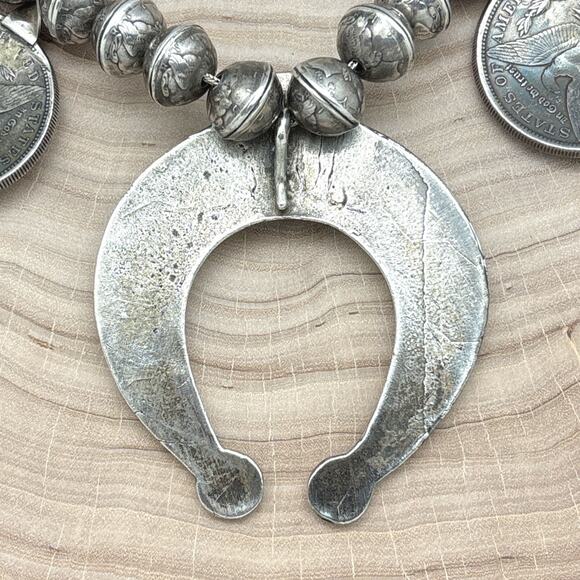 1970s Native American NAVAJO Silver Turquoise Naja Necklace Morgan Dollar Coins - Picture 4 of 8